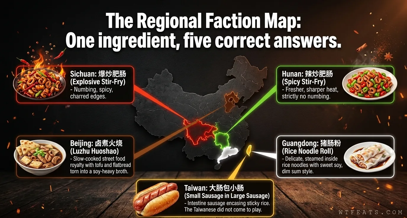 The regional faction map: Sichuan bao chao, Hunan la chao, Beijing lu zhu huo shao, Guangdong zhu chang fen, Taiwan da chang bao xiao chang