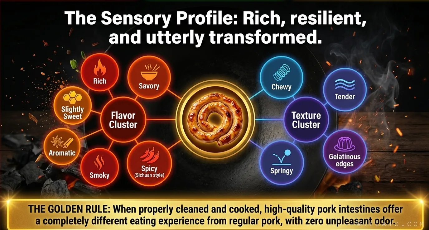 The sensory profile: a flavor cluster of rich, savory, slightly sweet, aromatic, smoky, spicy versus a texture cluster of chewy, tender, springy, gelatinous edges