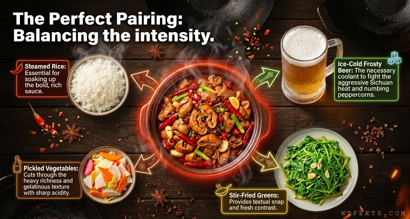 The perfect pairing: steamed rice, ice-cold beer, pickled vegetables, and stir-fried greens