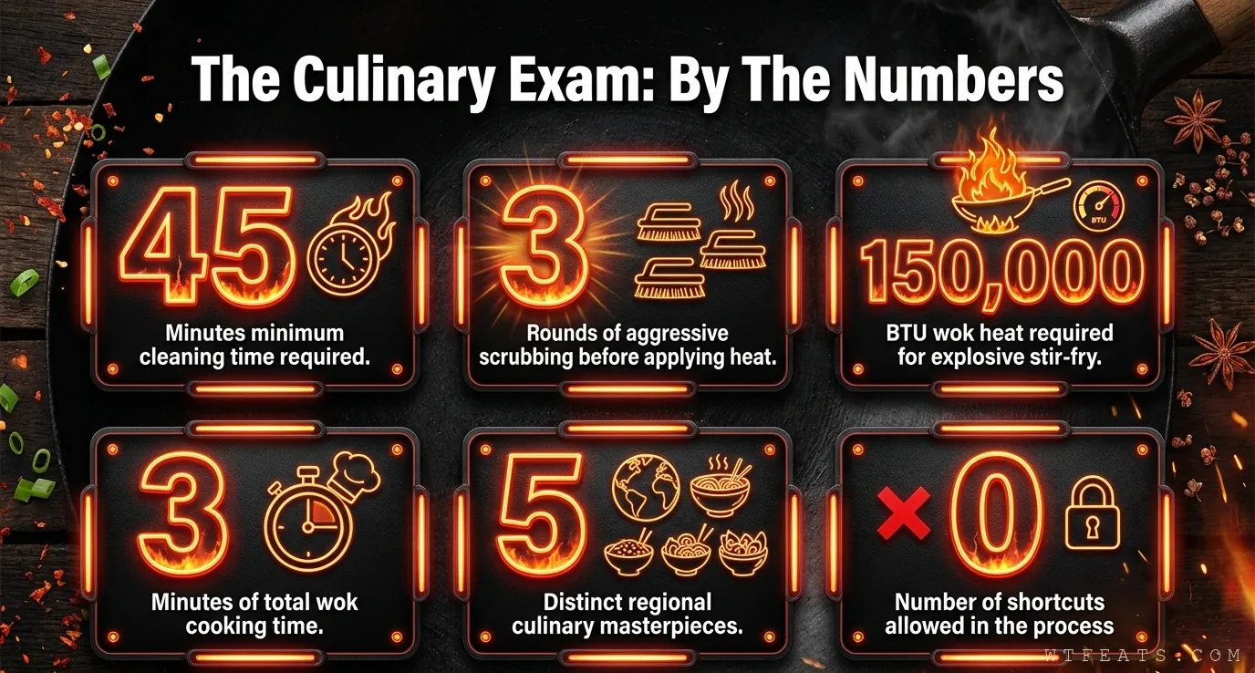 By the numbers: forty-five minutes cleaning, three scrub rounds, one hundred fifty thousand BTU, three minutes wok time, five regional versions, zero shortcuts