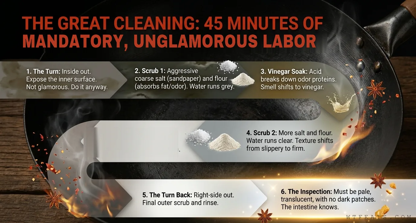 The Great Cleaning: forty-five minutes, six steps — turn, salt and flour scrub, vinegar soak, second scrub, turn back, inspection, with the scrub ingredients shown