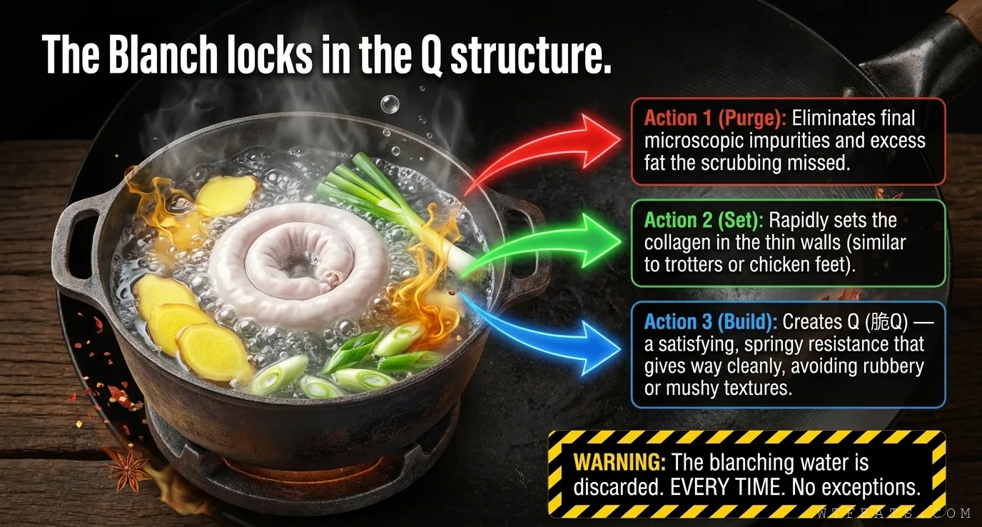The Blanch: purge, set, build — locking in the crisp Q structure with ginger, scallions, and Shaoxing wine
