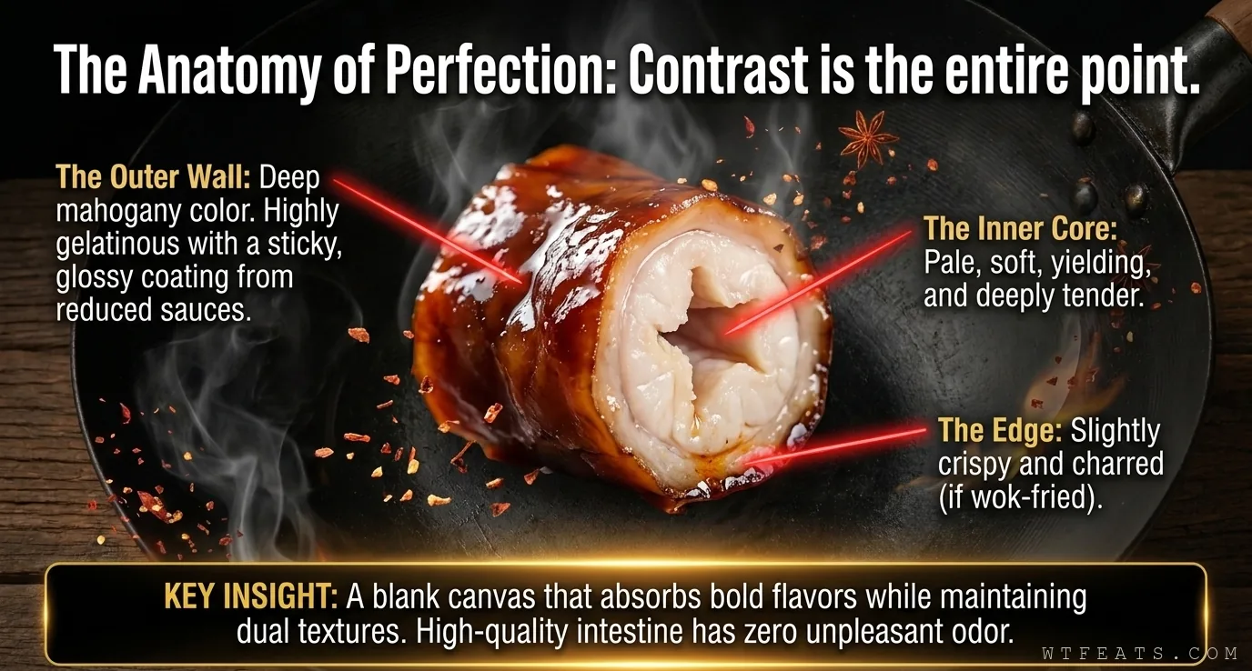 The anatomy of perfection: a pork intestine cross-section labeling the mahogany gelatinous outer wall, the pale tender core, and the crispy edge