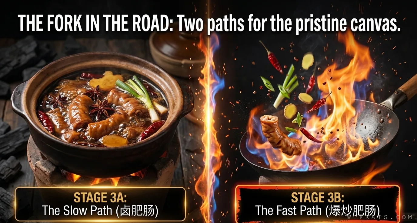 The fork in the road: Stage 3A the slow path of braised lu feichang versus Stage 3B the fast path of explosive stir-fried bao chao feichang