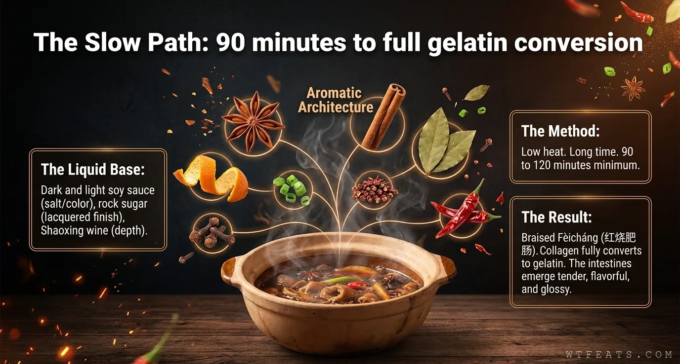 The slow path: a ninety to one hundred twenty minute braise in master stock architecture of soy, rock sugar, Shaoxing wine, and aromatics