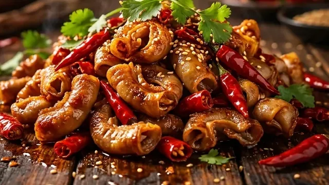 Glistening stir-fried pork intestines with dried red chilies, Sichuan peppercorns, garlic, and scallions in glossy chili oil