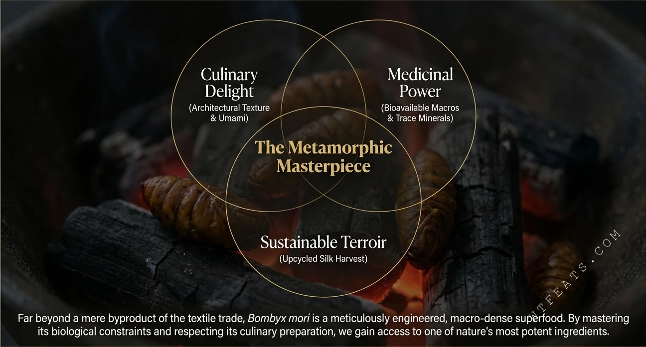 Three circles intersect — the metamorphic masterwork, charcoal-grilled silkworm pupa