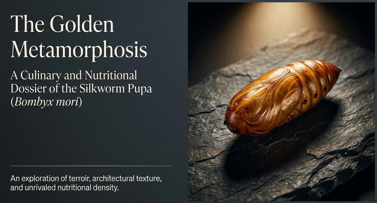 The Golden Metamorphosis — silkworm pupa specimen on dark slate