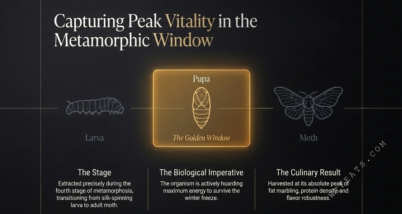 The Golden Window — larva, pupa, moth three stages of metamorphosis