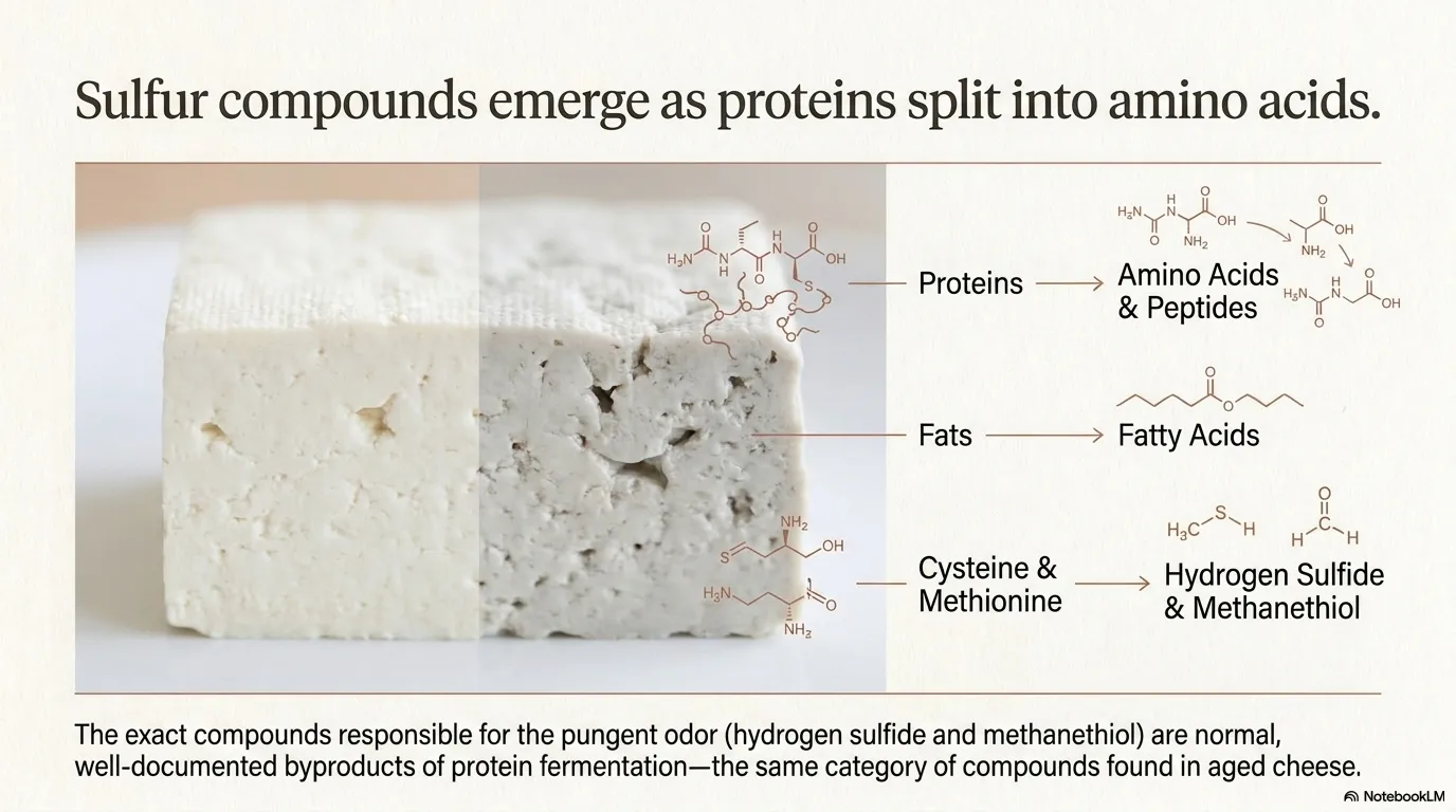 As proteins cleave into amino acids, sulfides emerge.