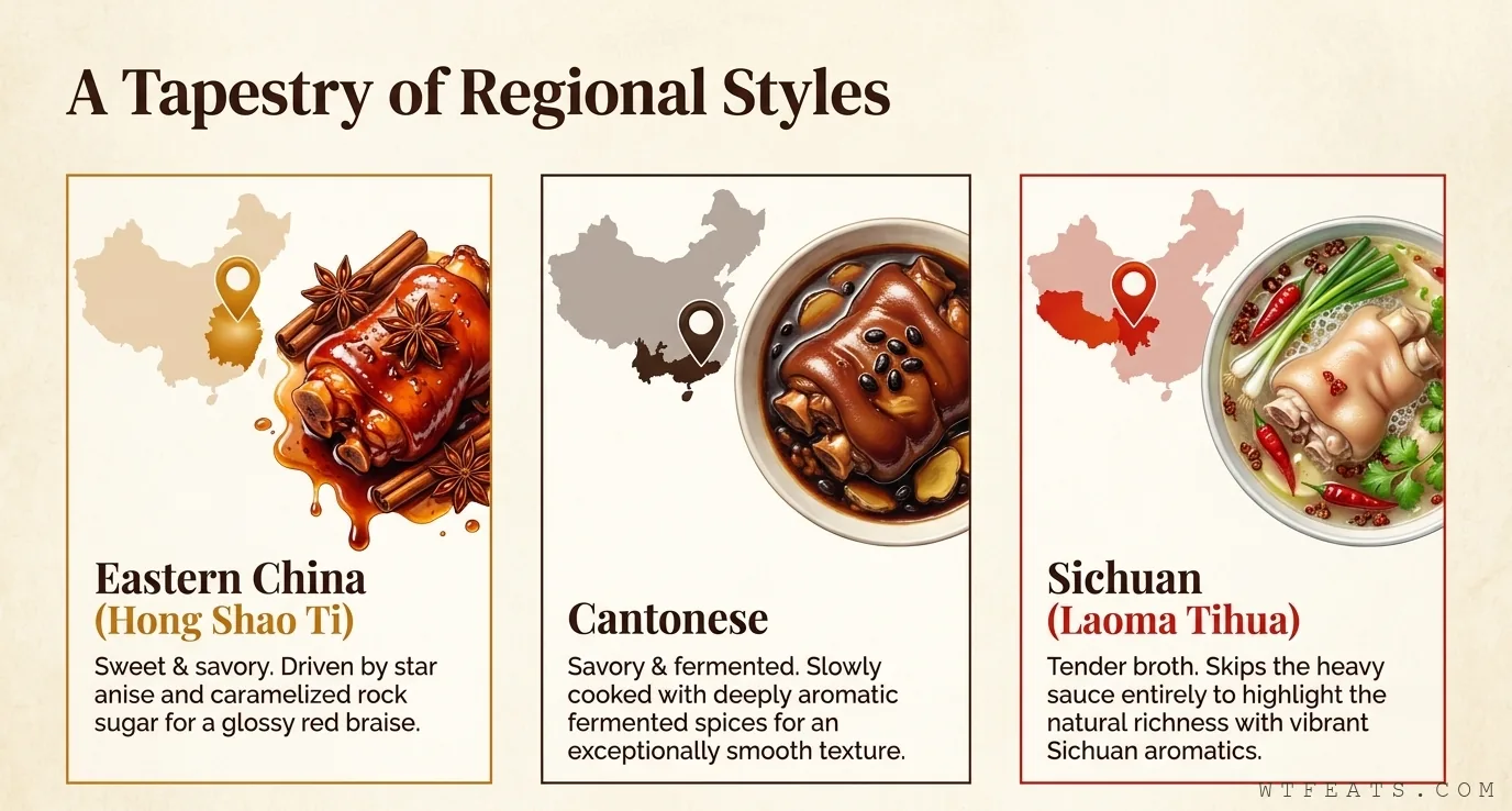 A tapestry of regional styles: Hong Shao Ti, Cantonese braised, and Sichuan Laoma Tihua