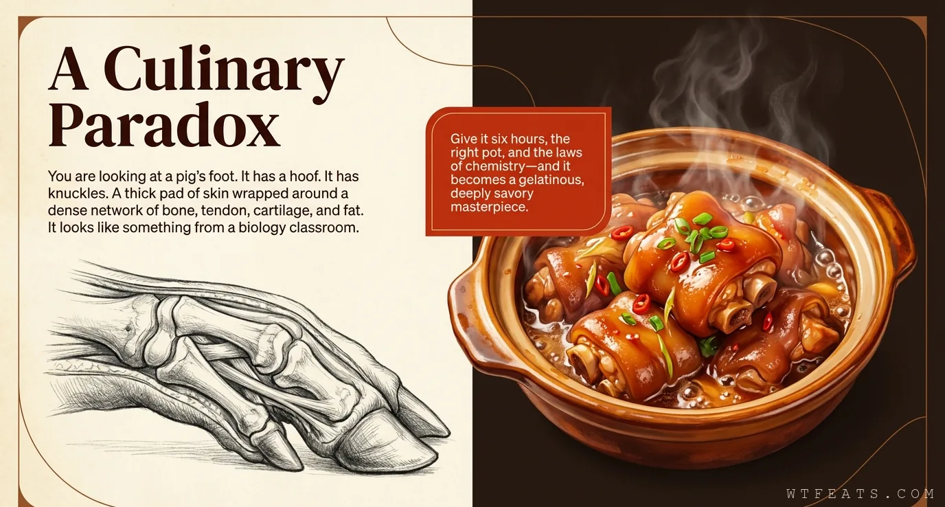 A culinary paradox: a pig foot sketch beside a clay pot of glossy braised trotters