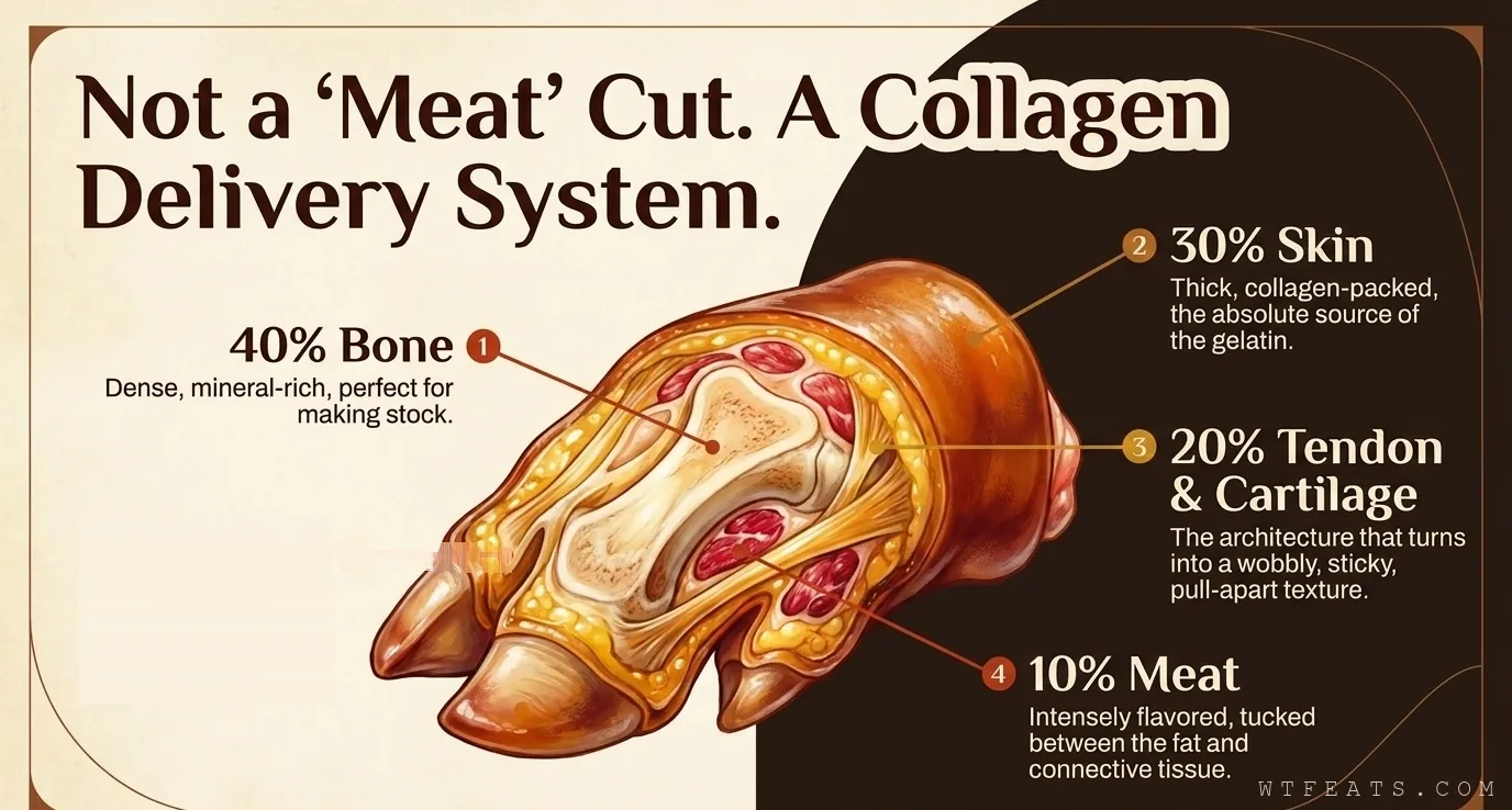 Trotter anatomy: 40 percent bone, 30 percent skin, 20 percent tendon and cartilage, 10 percent meat