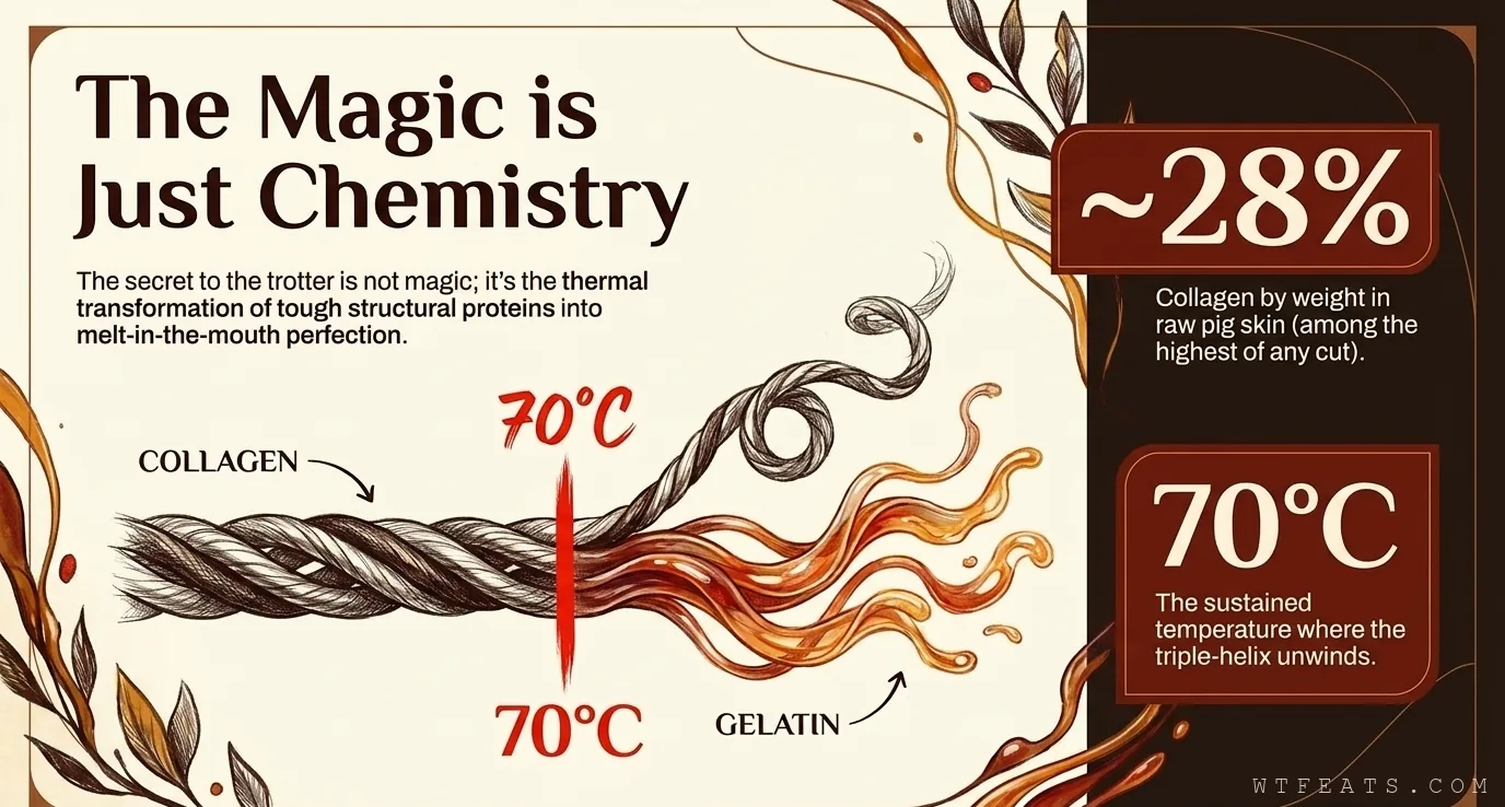 The magic is just chemistry: collagen converting to gelatin at 70 degrees Celsius