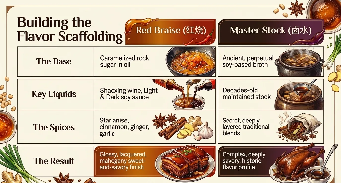 Building the flavor scaffolding: red braise versus master stock